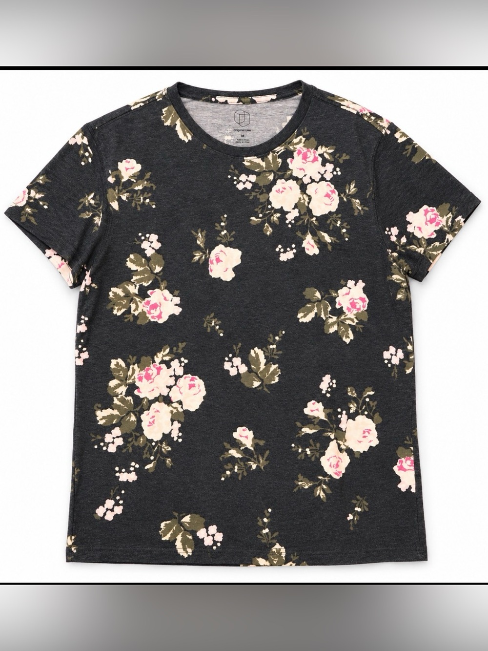 Original Use Black Short Sleeve Tee with Pink Floral Print